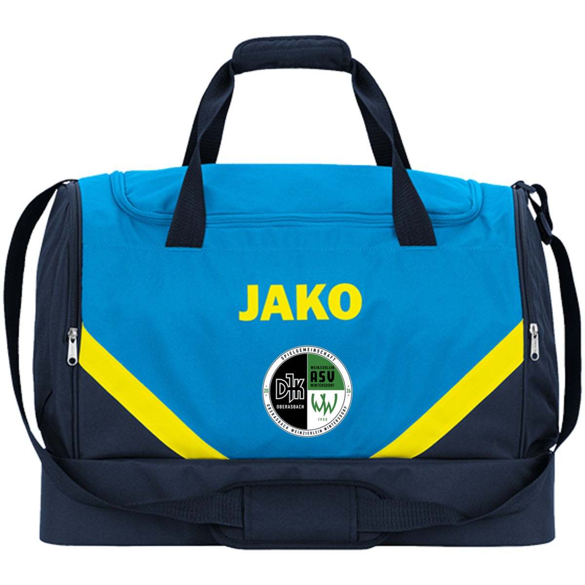 JAKO Sporttasche Iconic mit Bodenfach 2024 – Neues Design Jako Blau/Neongelb Vorderseite