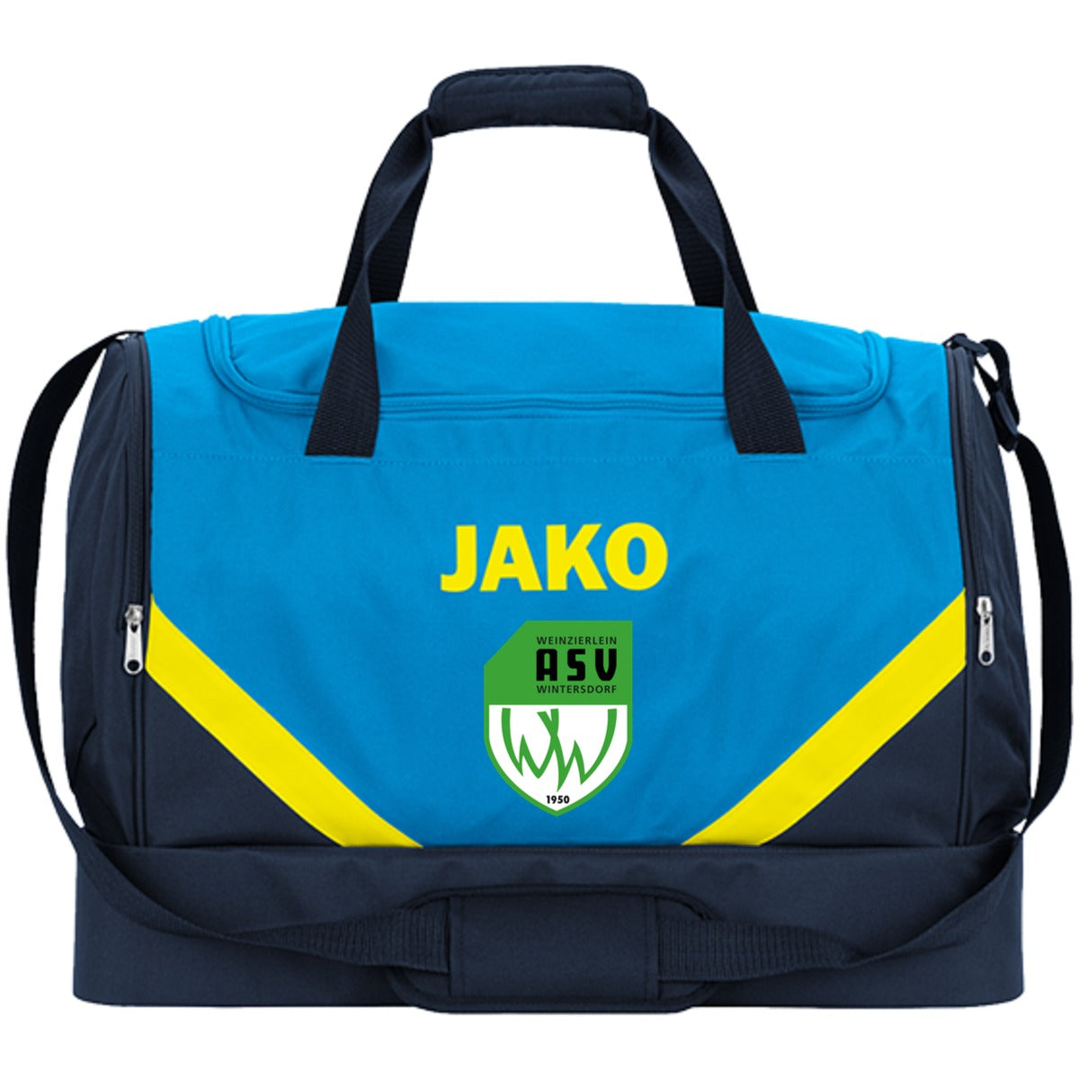 JAKO Sporttasche Iconic mit Bodenfach 2024 – ASV-Wappen mittig groß Jako Blau/Neongelb Vorderseite