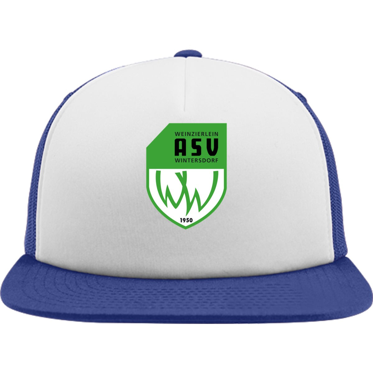 Flexfit Trucker Cap mit weißem Schwammfrontpanel FX6005FW – ASV-Wappen mittig groß Royal/Royal Vorderseite