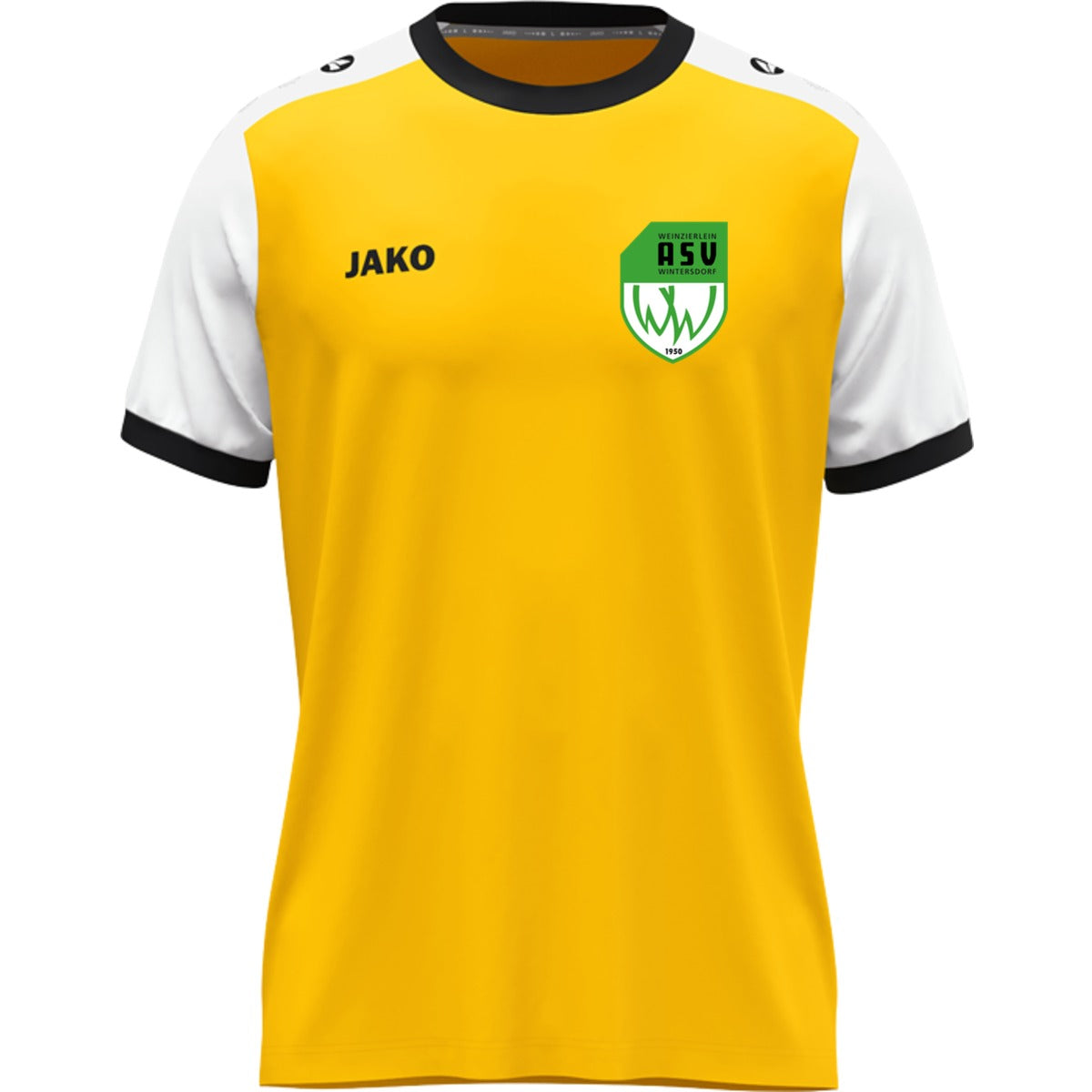 JAKO Kinder Trikot Dynamic mit Kontrasteinfassung 4270K – ASV-Wappen herzseitig Gelb/Weiß Vorderseite