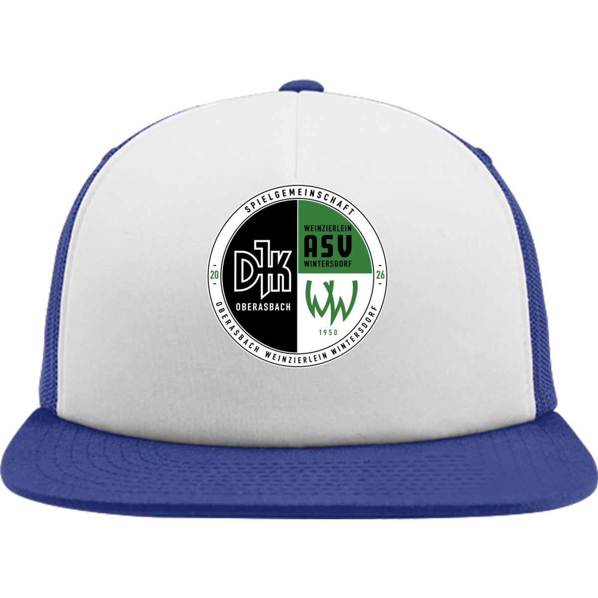 Flexfit Trucker Cap mit weißem Schwammfrontpanel FX6005FW – Neues Design Royal/Royal Vorderseite