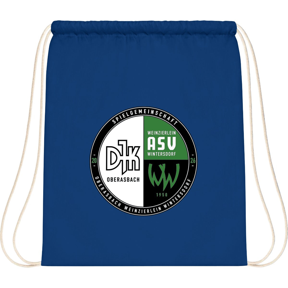 WM110-Cotton-Gymsac – Vereinslogo mittig groß Bright Royal Vorderseite