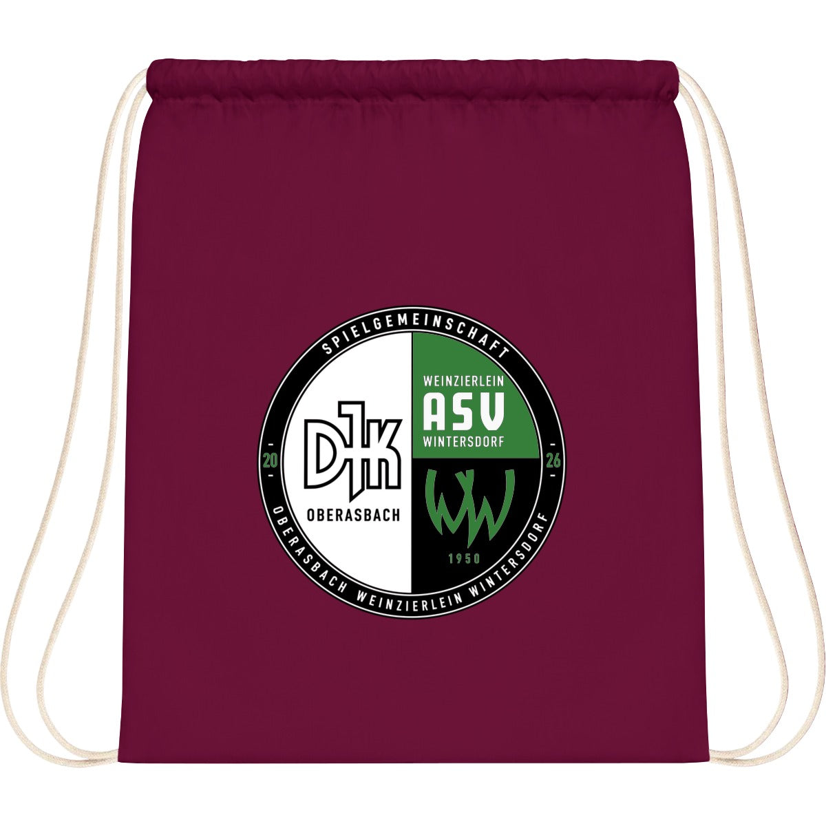 WM110-Cotton-Gymsac – Vereinslogo mittig groß Burgundy Vorderseite