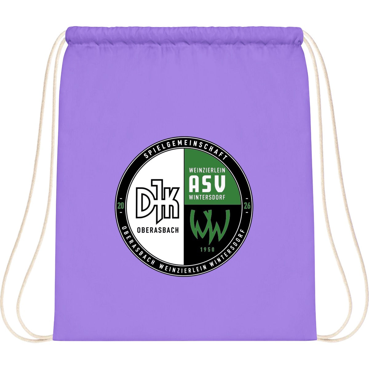 WM110-Cotton-Gymsac – Vereinslogo mittig groß Lavender/White Vorderseite