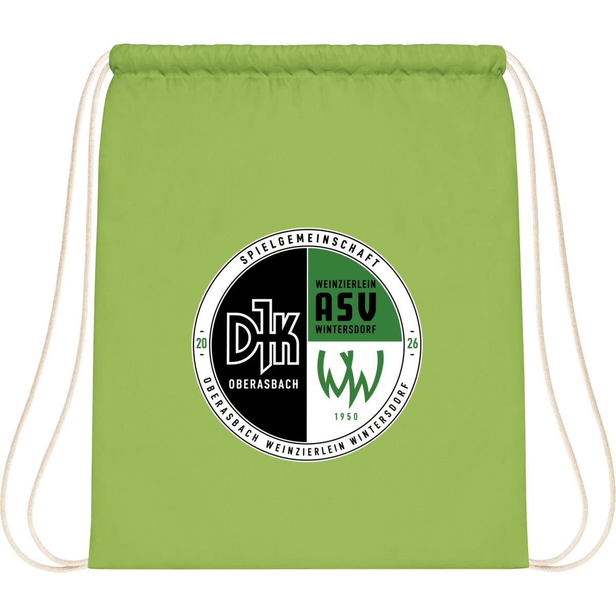 WM110-Cotton-Gymsac – Vereinslogo mittig groß Lime Green Vorderseite
