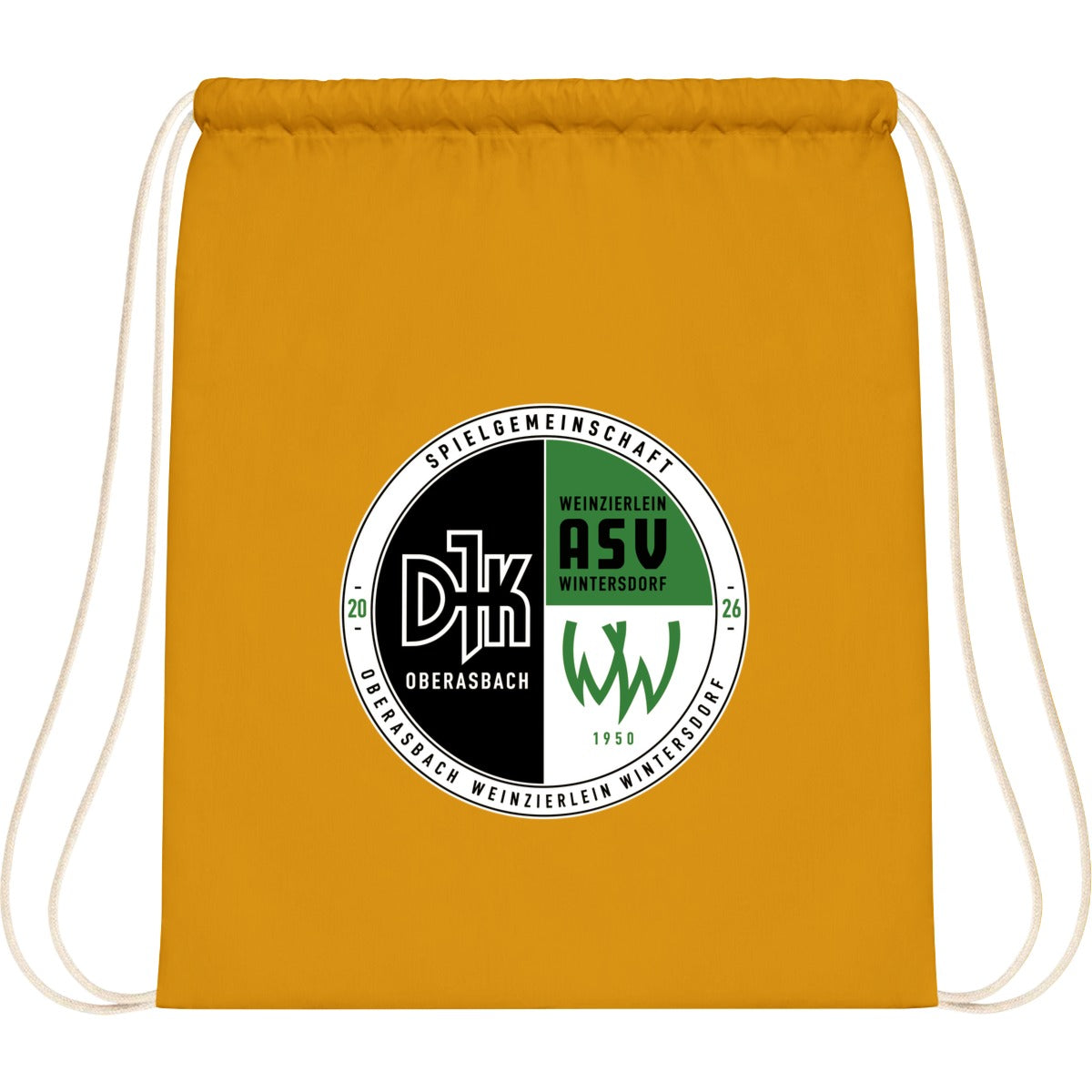 WM110-Cotton-Gymsac – Vereinslogo mittig groß Mustard Vorderseite