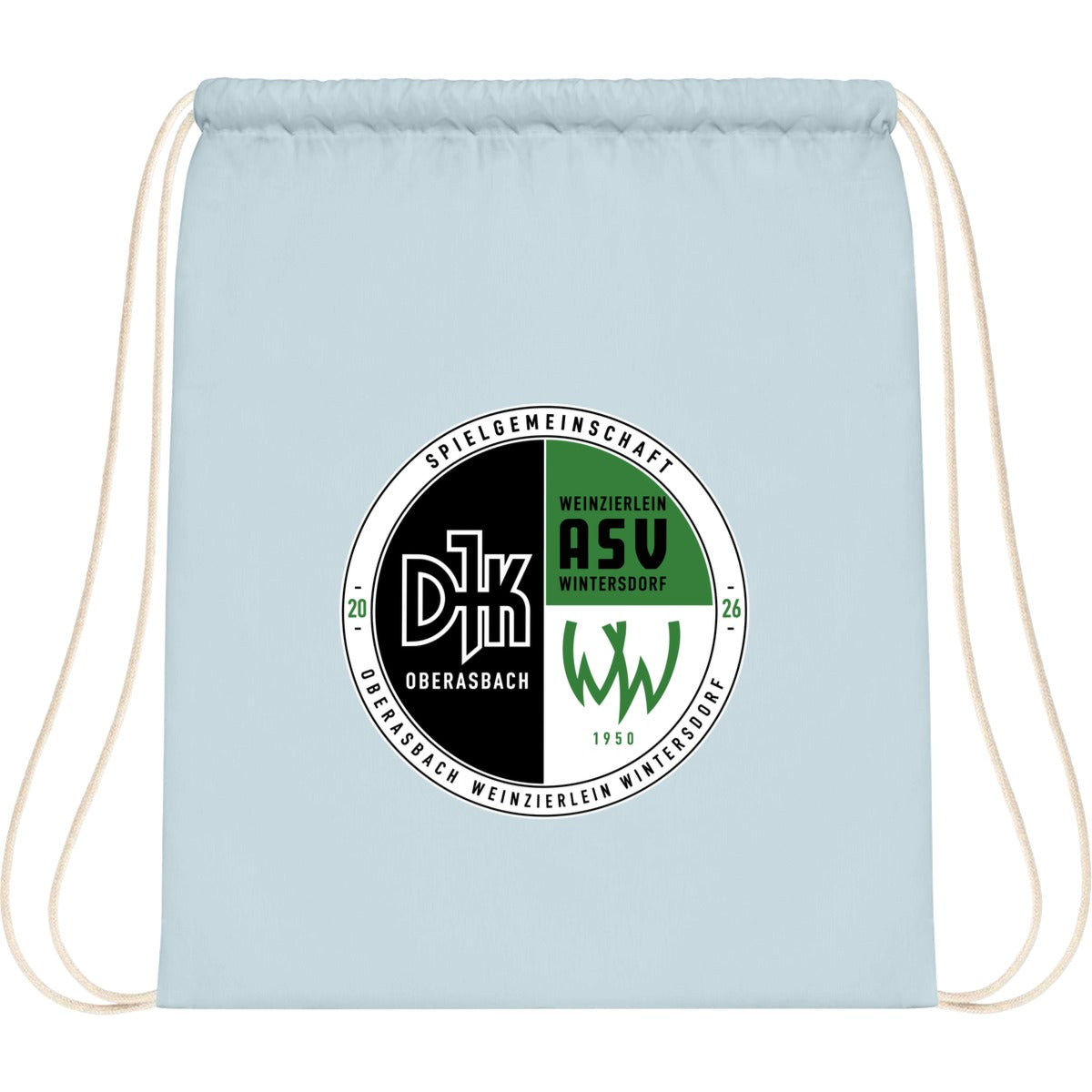 WM110-Cotton-Gymsac – Vereinslogo mittig groß Pastel Blue/White Vorderseite