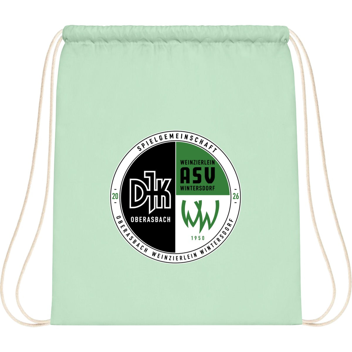 WM110-Cotton-Gymsac – Vereinslogo mittig groß Pastel Mint/White Vorderseite