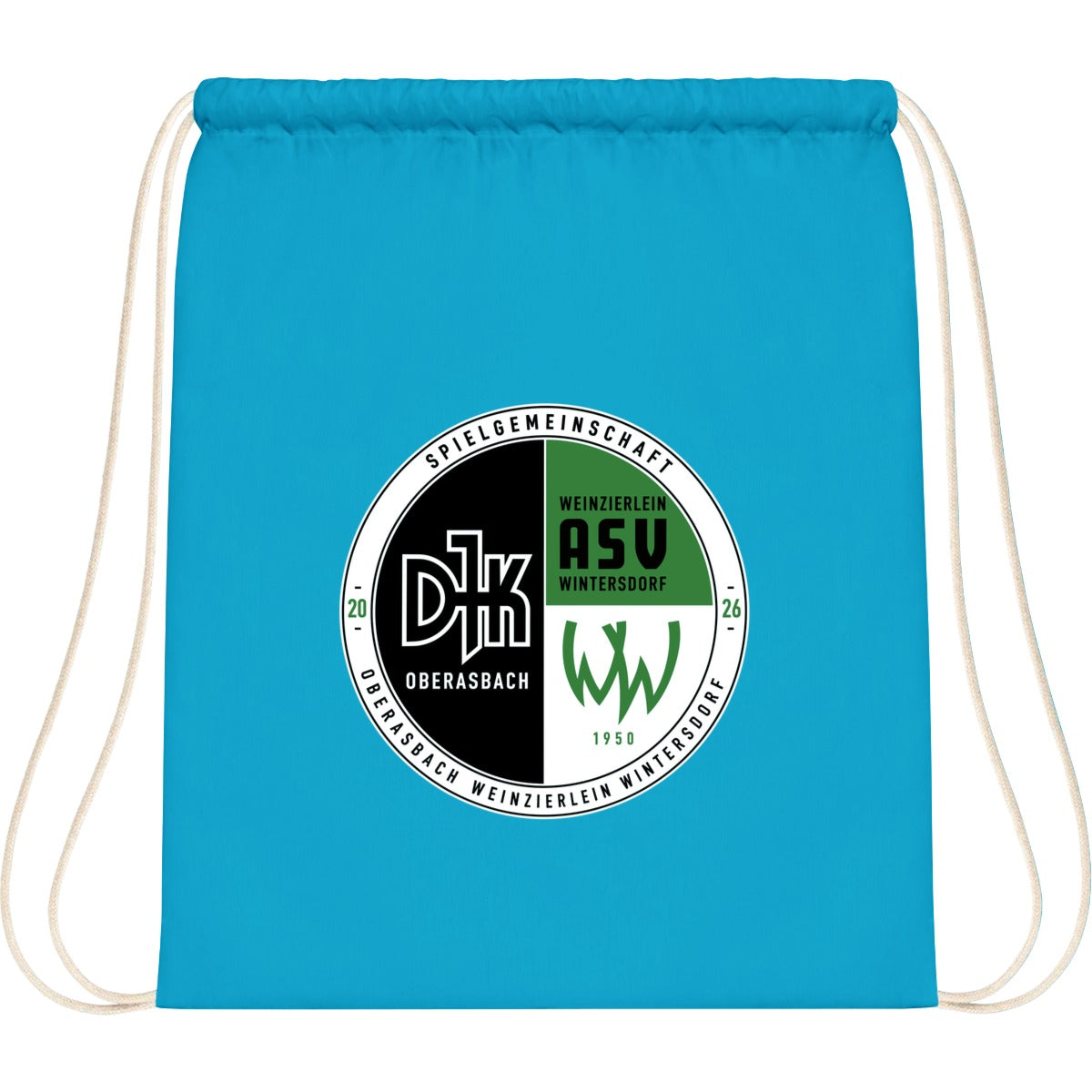 WM110-Cotton-Gymsac – Vereinslogo mittig groß Surf Blue Vorderseite