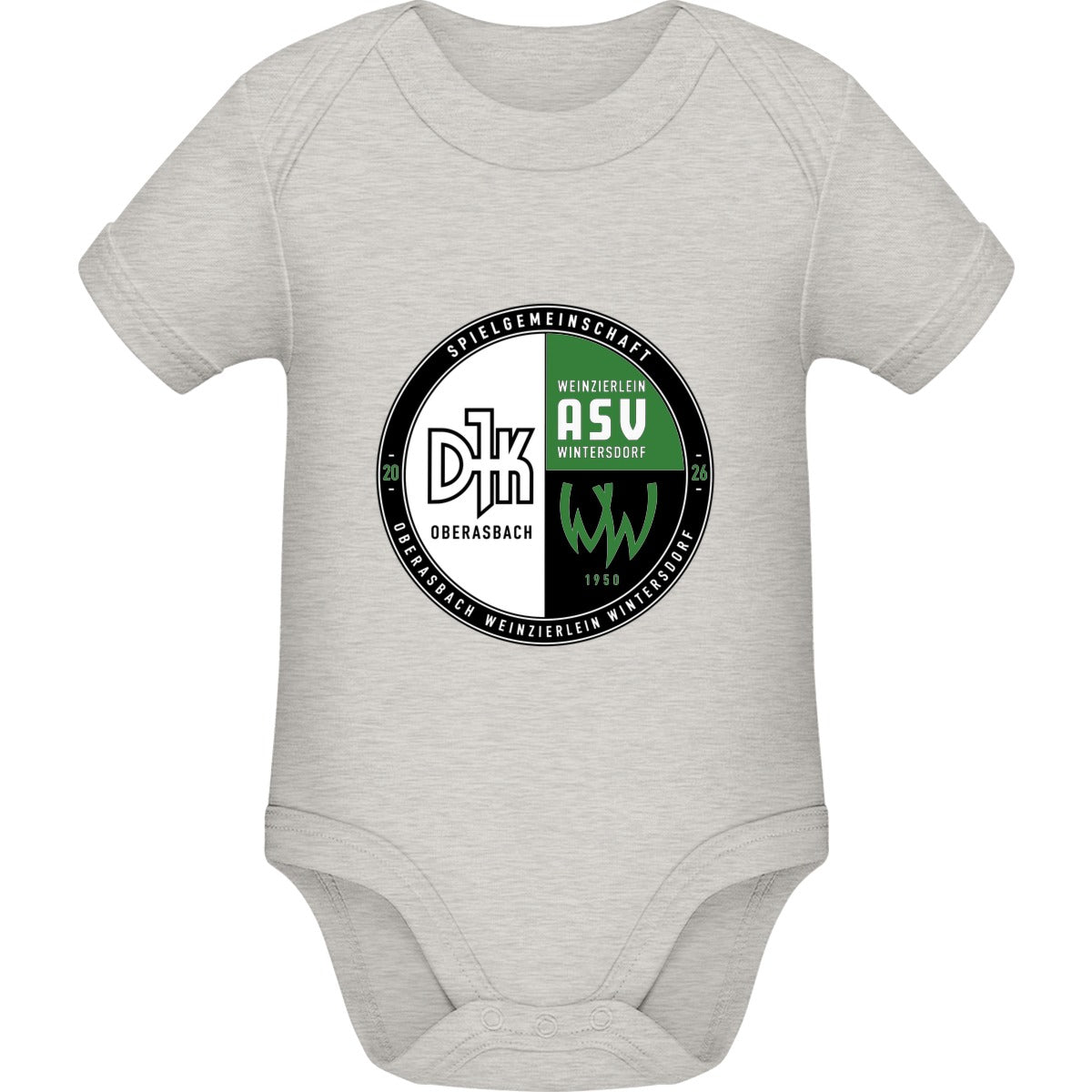 Baby Bugz Bodysuit BZ10 – Vereinslogo mittig groß Heather Grey Melange Vorderseite