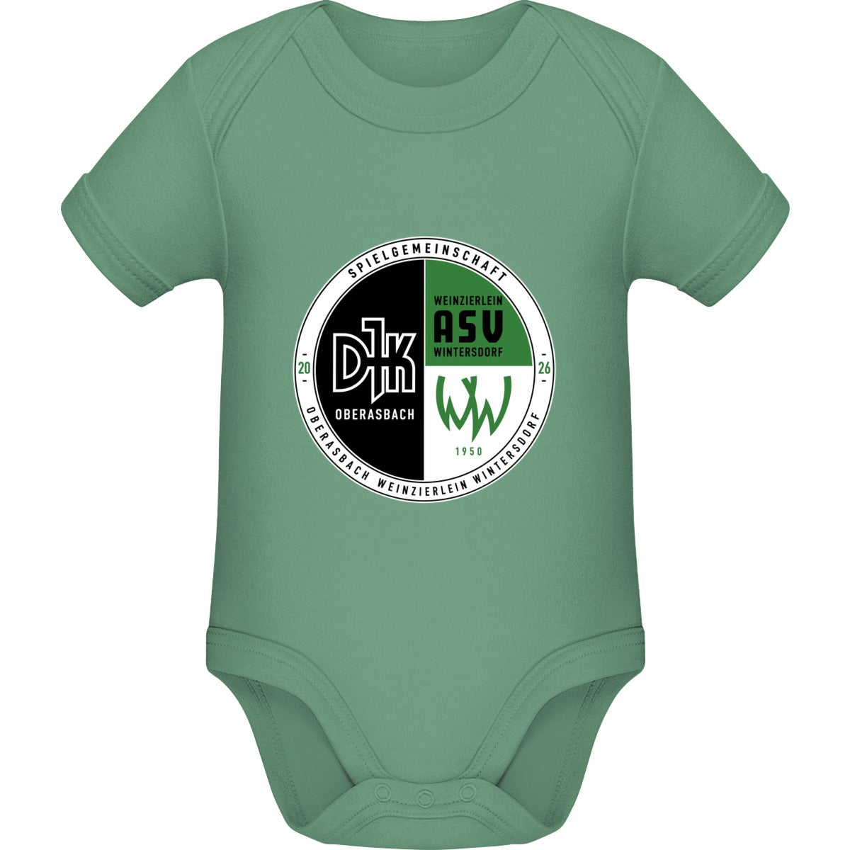 Baby Bugz Bodysuit BZ10 – Vereinslogo mittig groß Sage Green Vorderseite