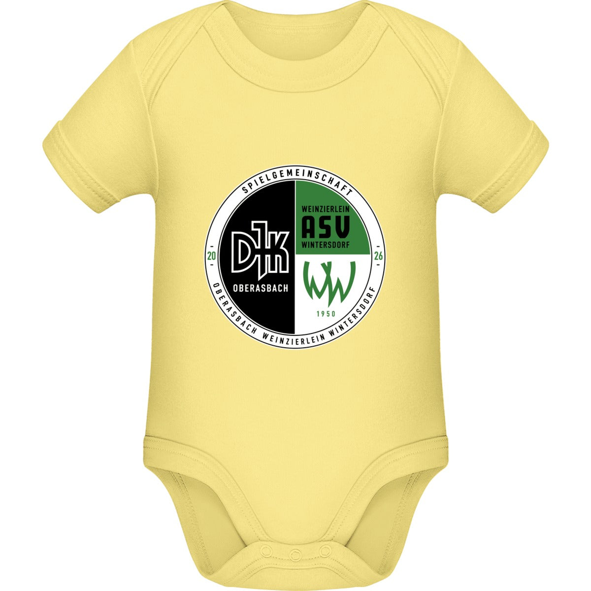 Baby Bugz Bodysuit BZ10 – Vereinslogo mittig groß Soft Yellow Vorderseite