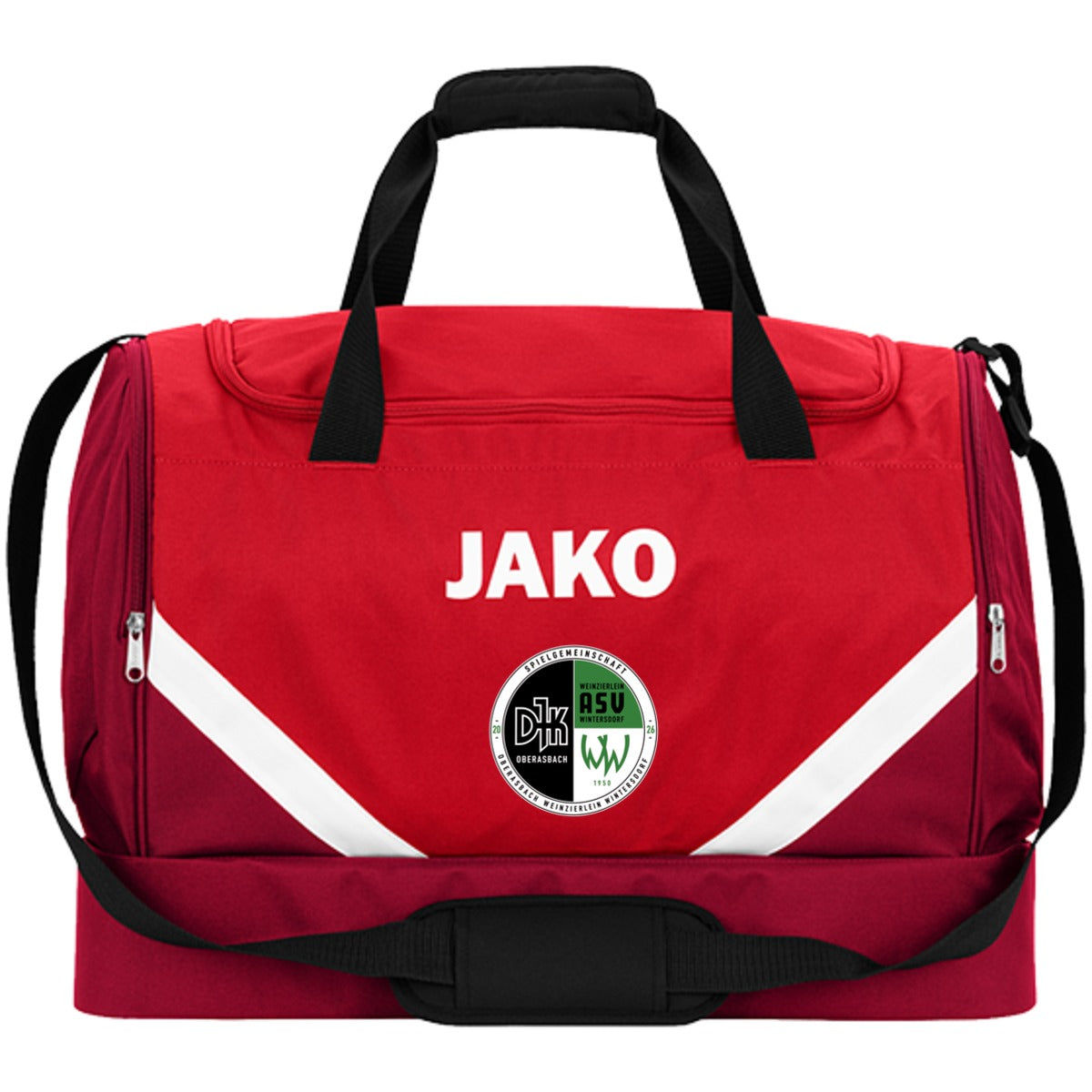 JAKO Sporttasche Iconic mit Bodenfach 2024 – Neues Design Rot/Weinrot Vorderseite