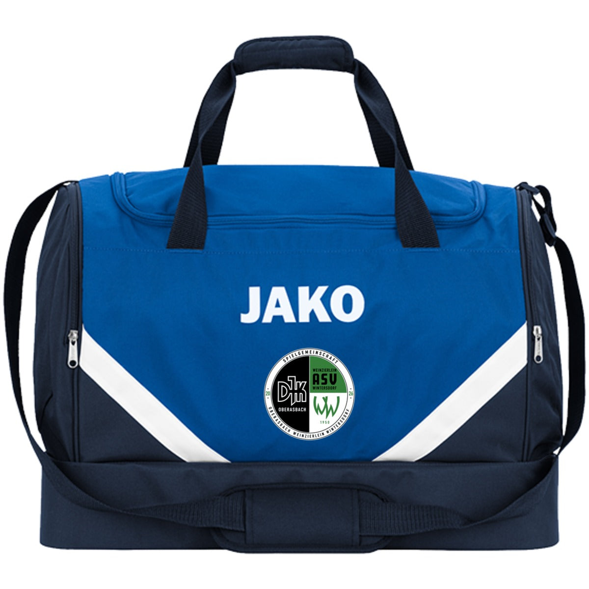 JAKO Sporttasche Iconic mit Bodenfach 2024 – Neues Design Royal/Marine Vorderseite