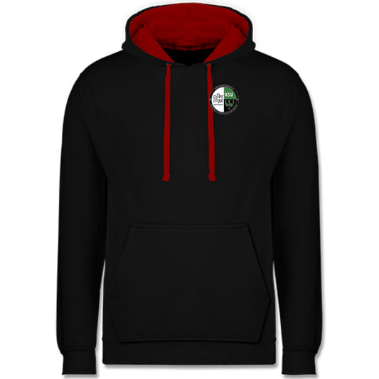 Varsity Kontrast Hoodie JH003 – Vereinslogo herzseitig Jet Black/Fire Red Vorderseite