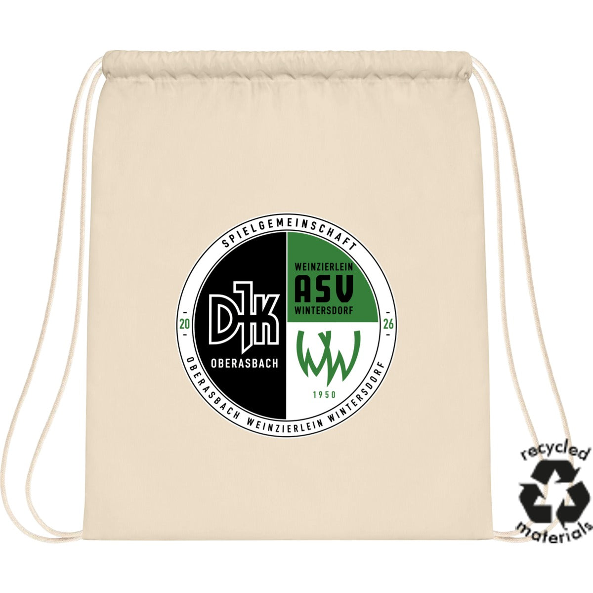 Turnbeutel Recycled Baumwolle WM910 – Vereinslogo mittig groß Natural Vorderseite