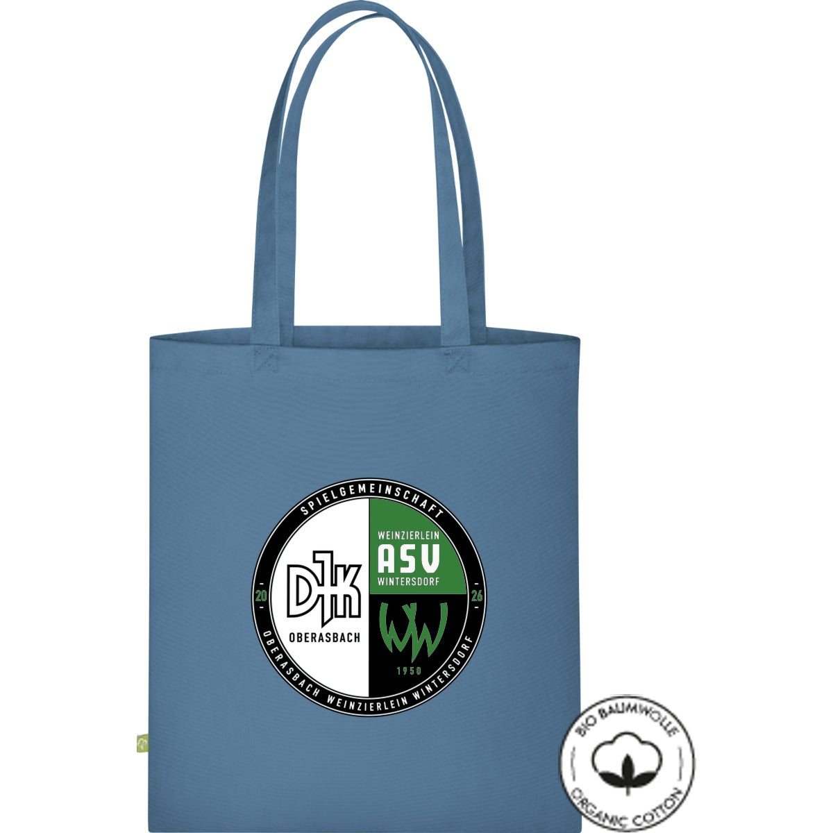 Stofftasche lange Henkel Bio Baumwolle WM801 – Vereinslogo mittig groß Airforce Blue Vorderseite