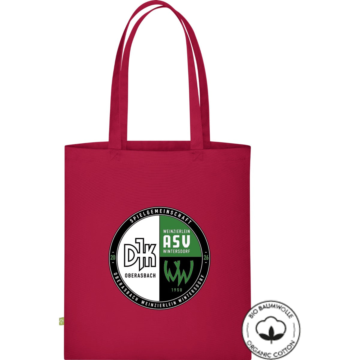 Stofftasche lange Henkel Bio Baumwolle WM801 – Vereinslogo mittig groß Classic Red Vorderseite