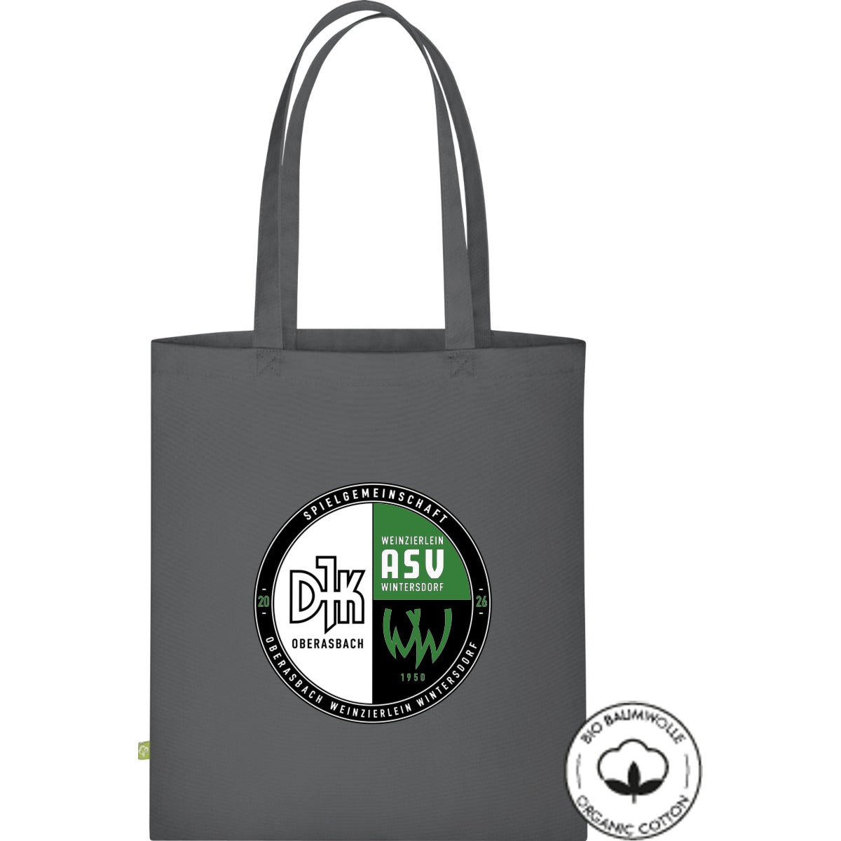 Stofftasche lange Henkel Bio Baumwolle WM801 – Vereinslogo mittig groß Graphite Grey Vorderseite