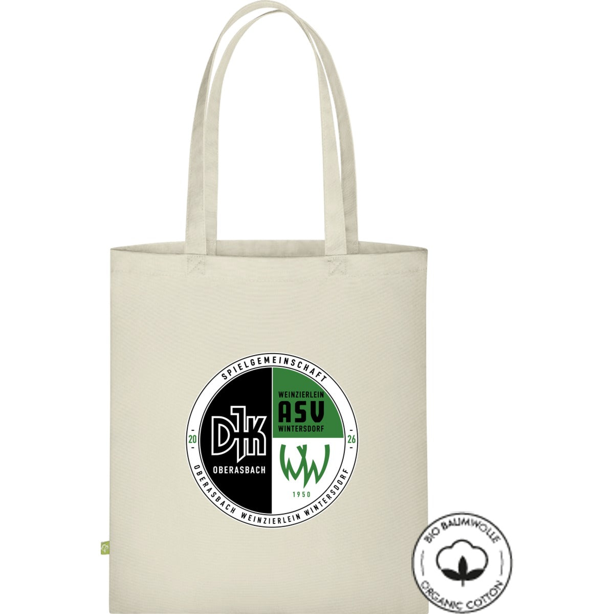 Stofftasche lange Henkel Bio Baumwolle WM801 – Vereinslogo mittig groß Natural Vorderseite