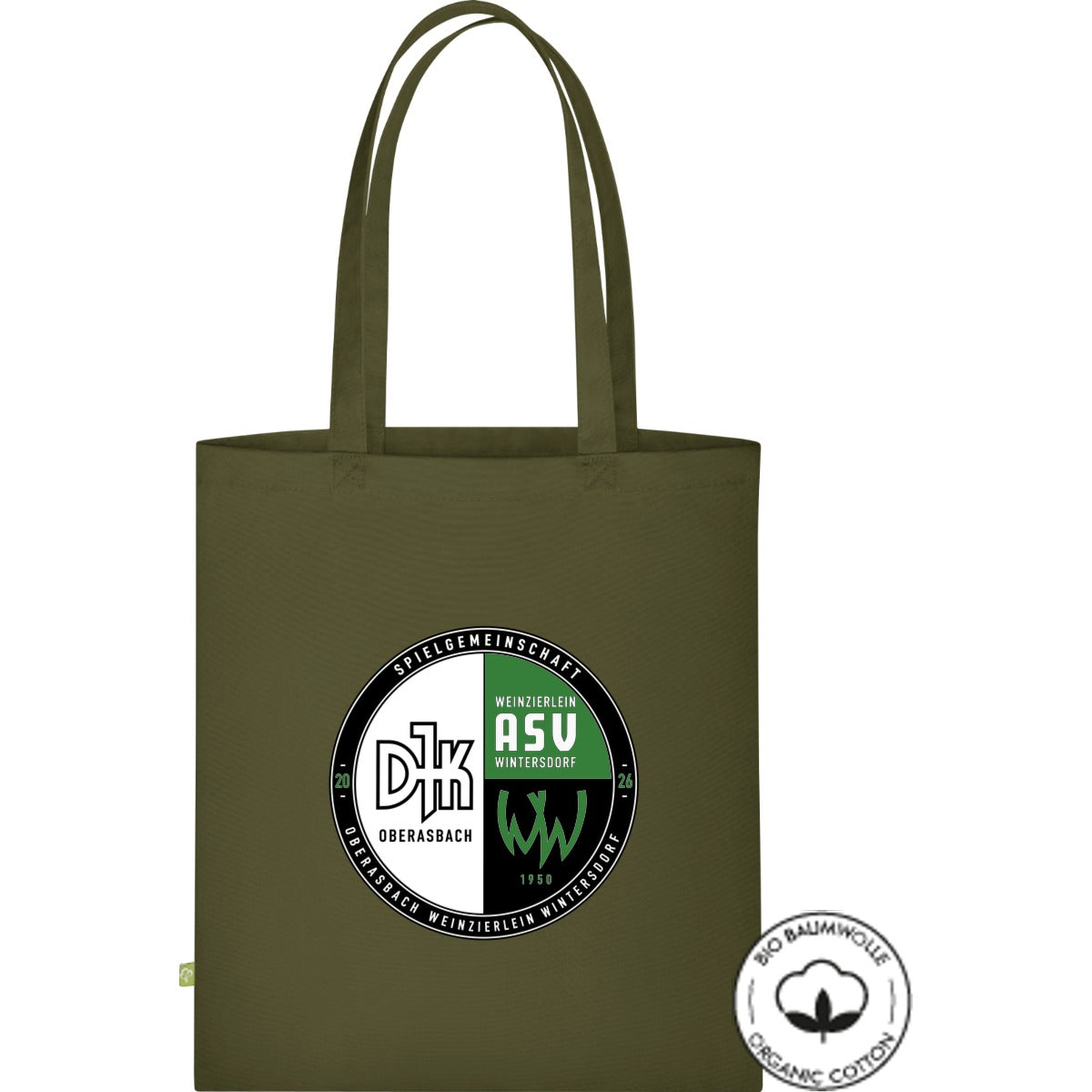 Stofftasche lange Henkel Bio Baumwolle WM801 – Vereinslogo mittig groß Olive Green Vorderseite