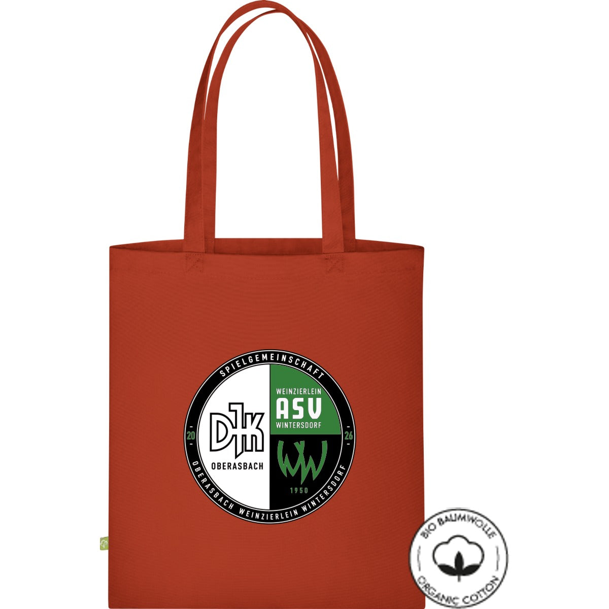 Stofftasche lange Henkel Bio Baumwolle WM801 – Vereinslogo mittig groß Orange Rust Vorderseite