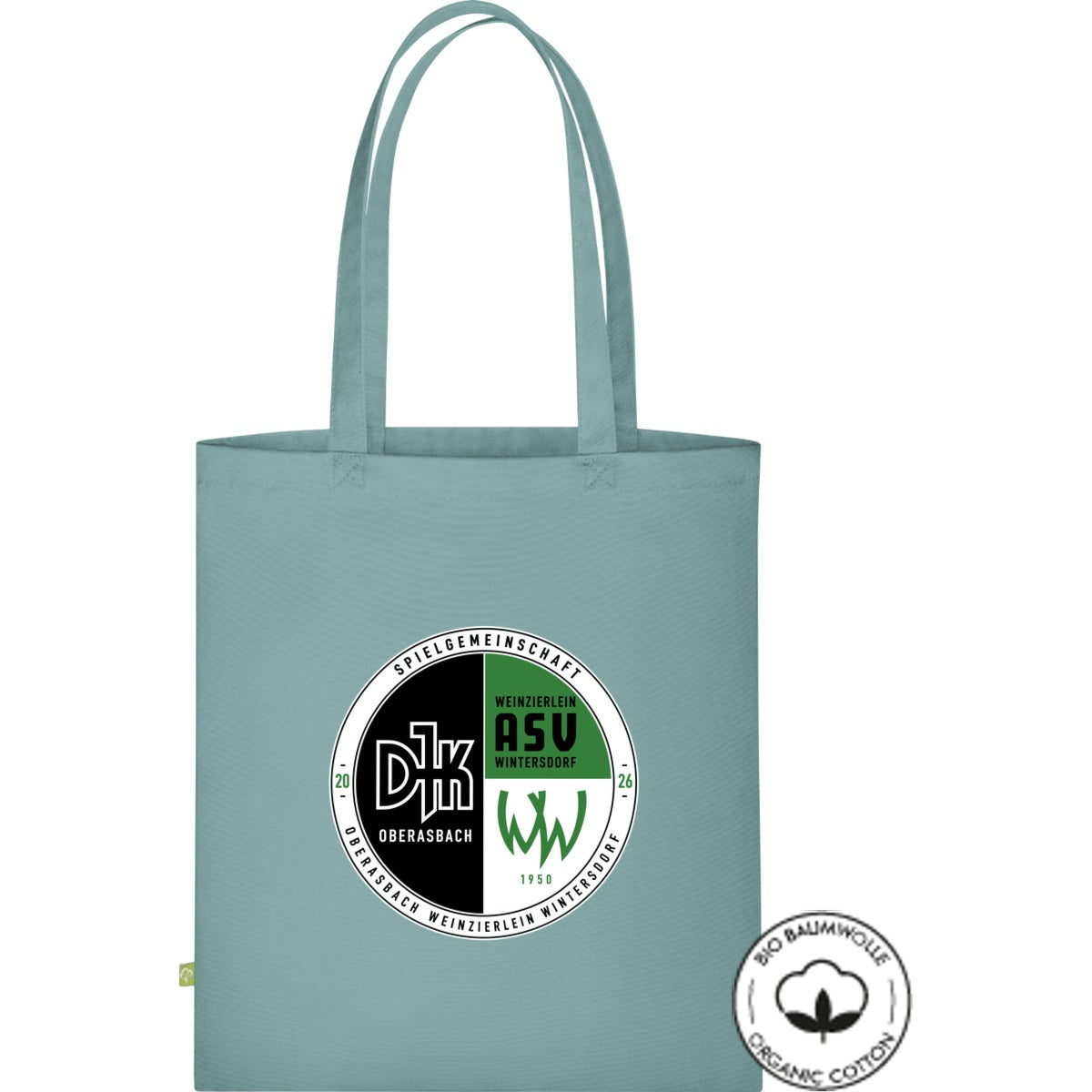 Stofftasche lange Henkel Bio Baumwolle WM801 – Vereinslogo mittig groß Sage Green Vorderseite