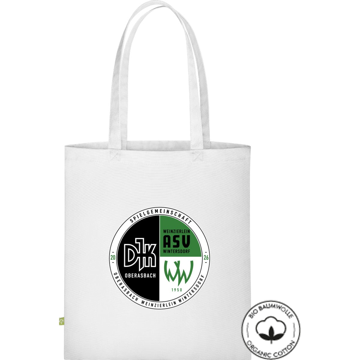Stofftasche lange Henkel Bio Baumwolle WM801 – Vereinslogo mittig groß White Vorderseite