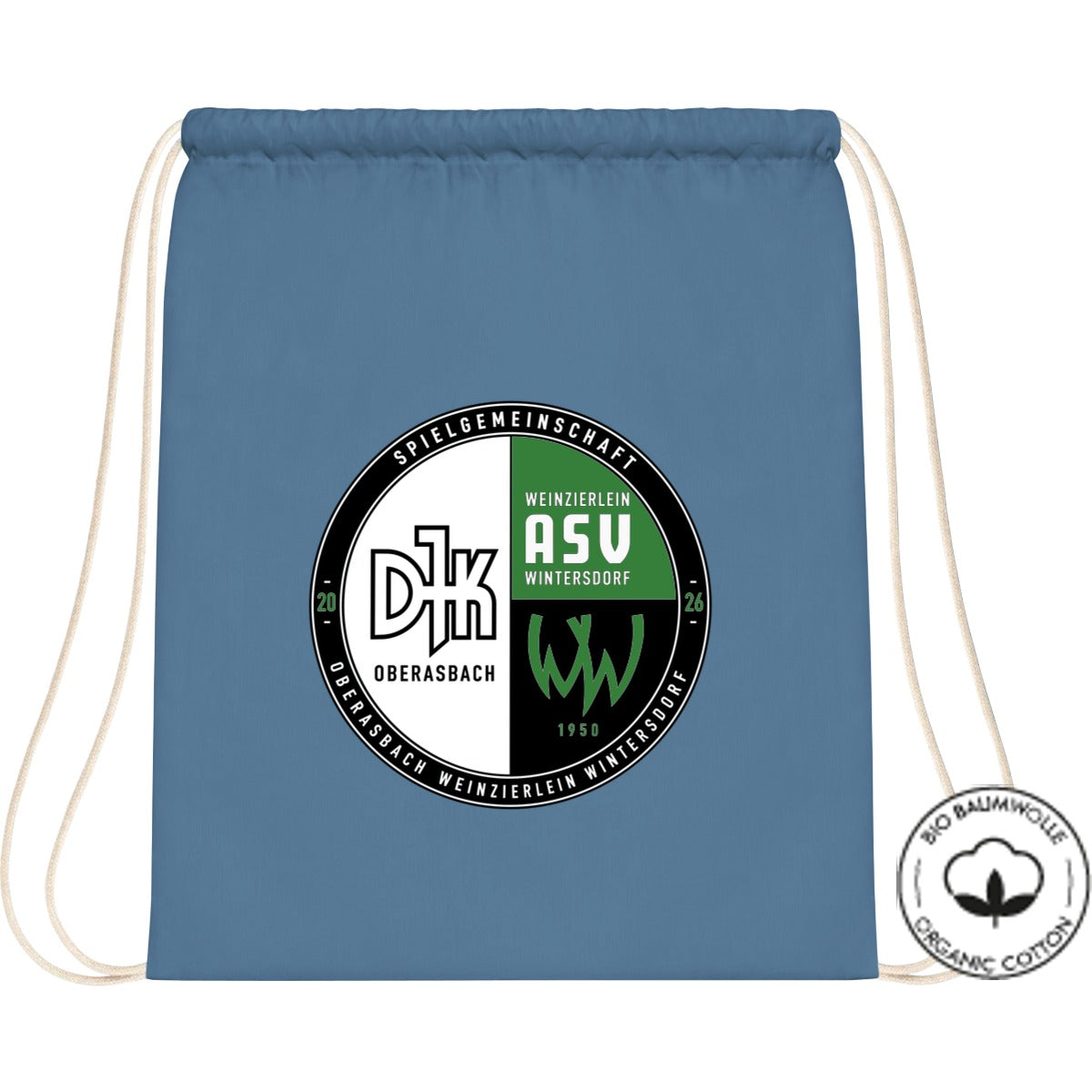 Organic Gymsac Bio Baumwolle WM810 – Vereinslogo mittig groß Airforce Blue Vorderseite
