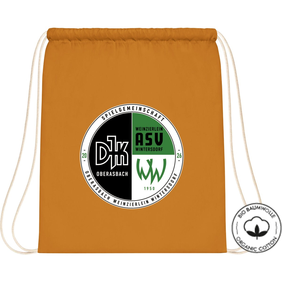 Organic Gymsac Bio Baumwolle WM810 – Vereinslogo mittig groß Amber Vorderseite