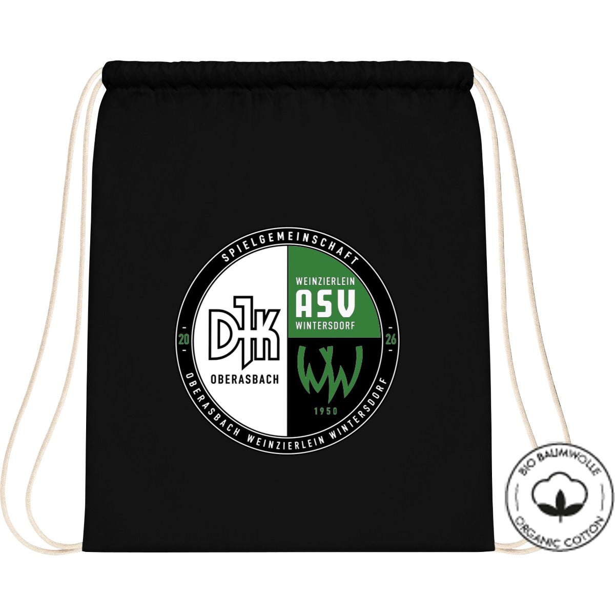 Organic Gymsac Bio Baumwolle WM810 – Vereinslogo mittig groß Black Vorderseite