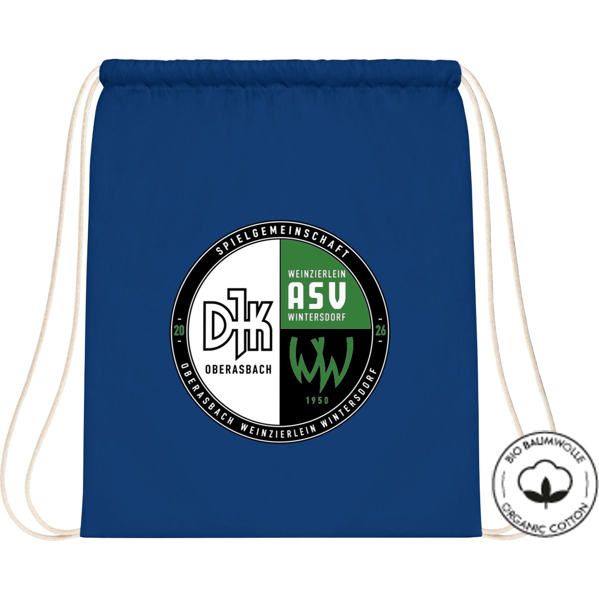 Organic Gymsac Bio Baumwolle WM810 – Vereinslogo mittig groß Bright Royal Vorderseite