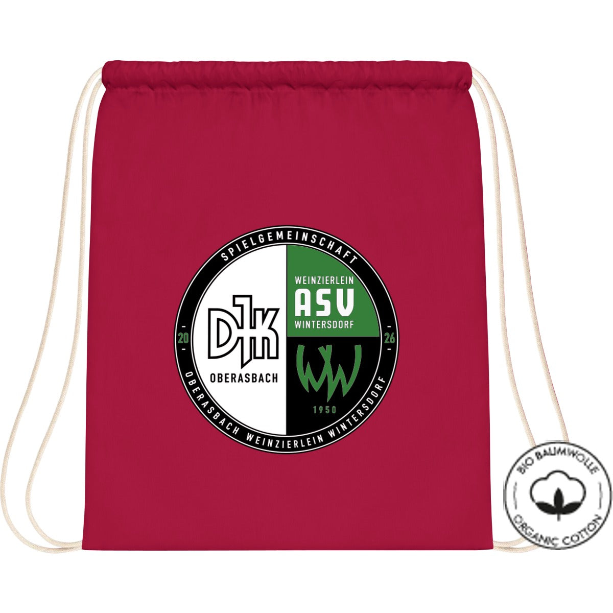 Organic Gymsac Bio Baumwolle WM810 – Vereinslogo mittig groß Classic Red Vorderseite