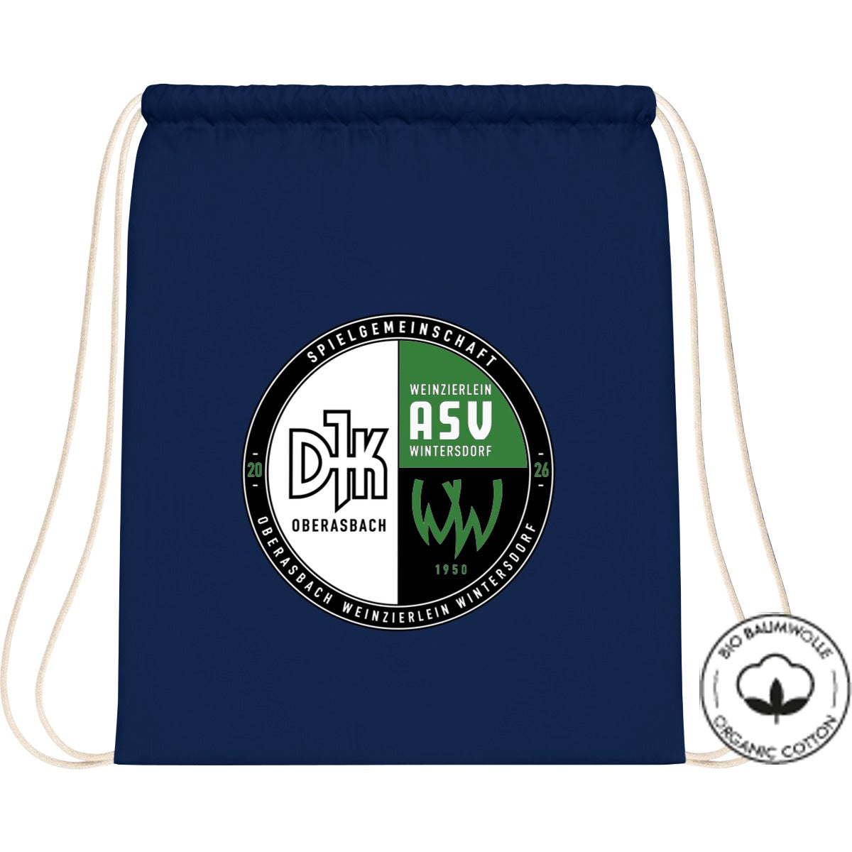 Organic Gymsac Bio Baumwolle WM810 – Vereinslogo mittig groß French Navy Vorderseite