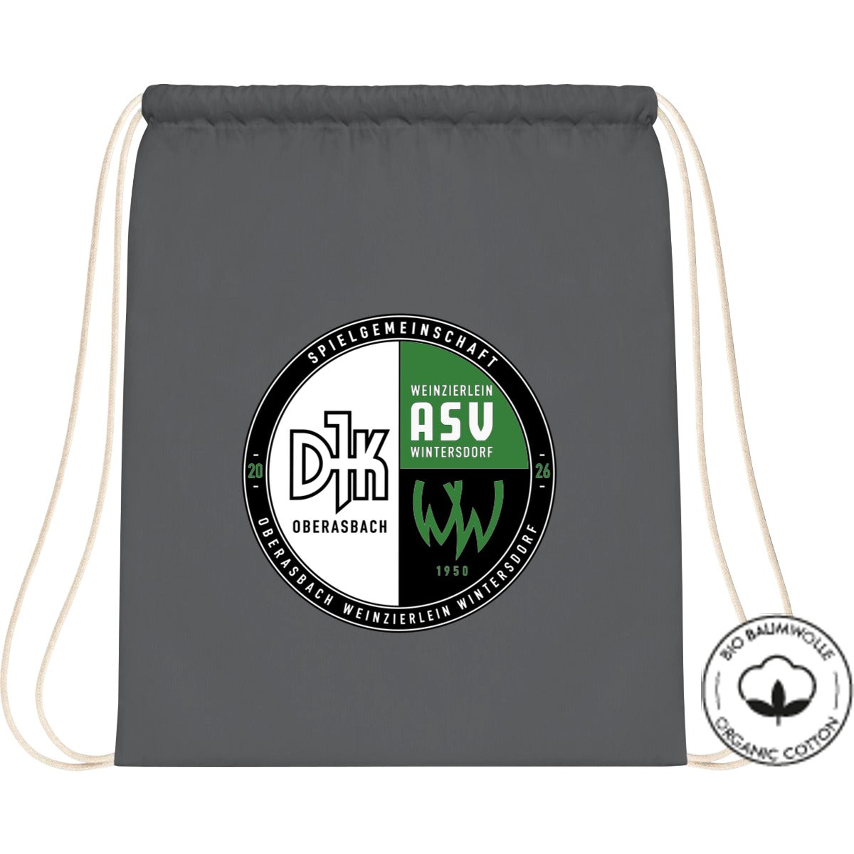 Organic Gymsac Bio Baumwolle WM810 – Vereinslogo mittig groß Graphite Grey Vorderseite