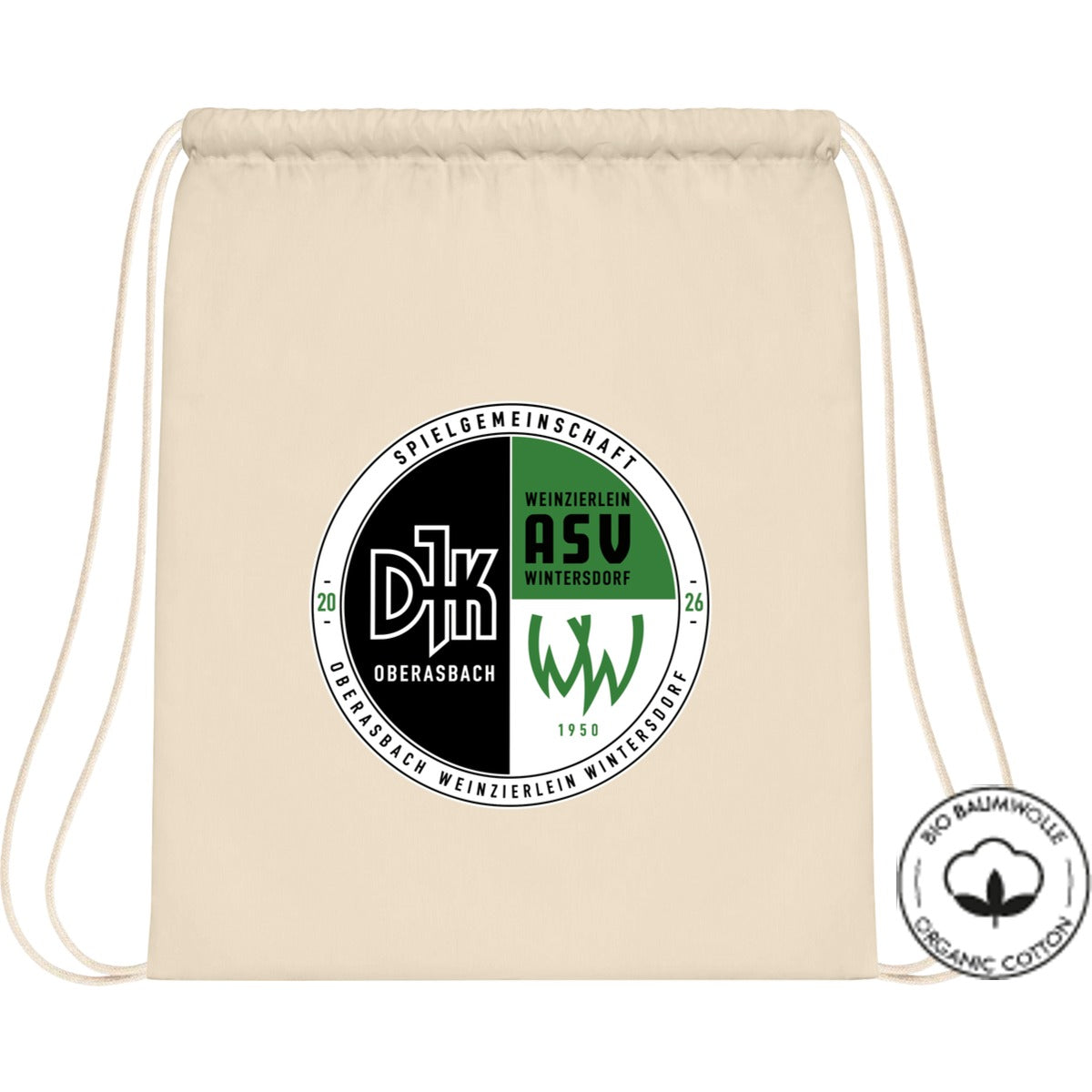 Organic Gymsac Bio Baumwolle WM810 – Vereinslogo mittig groß Natural Vorderseite
