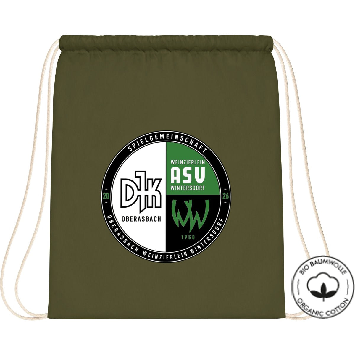 Organic Gymsac Bio Baumwolle WM810 – Vereinslogo mittig groß Olive Green Vorderseite
