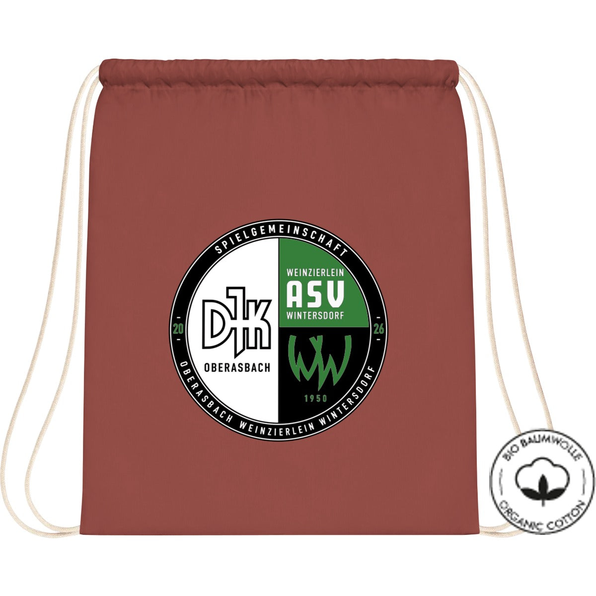 Organic Gymsac Bio Baumwolle WM810 – Vereinslogo mittig groß Orange Rust Vorderseite