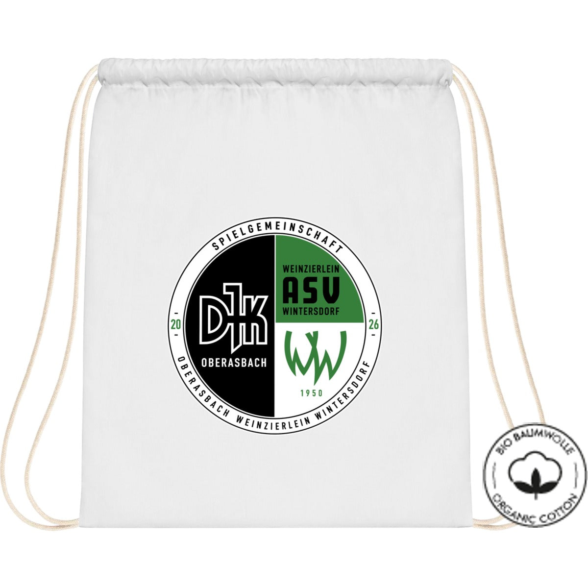 Organic Gymsac Bio Baumwolle WM810 – Vereinslogo mittig groß White Vorderseite