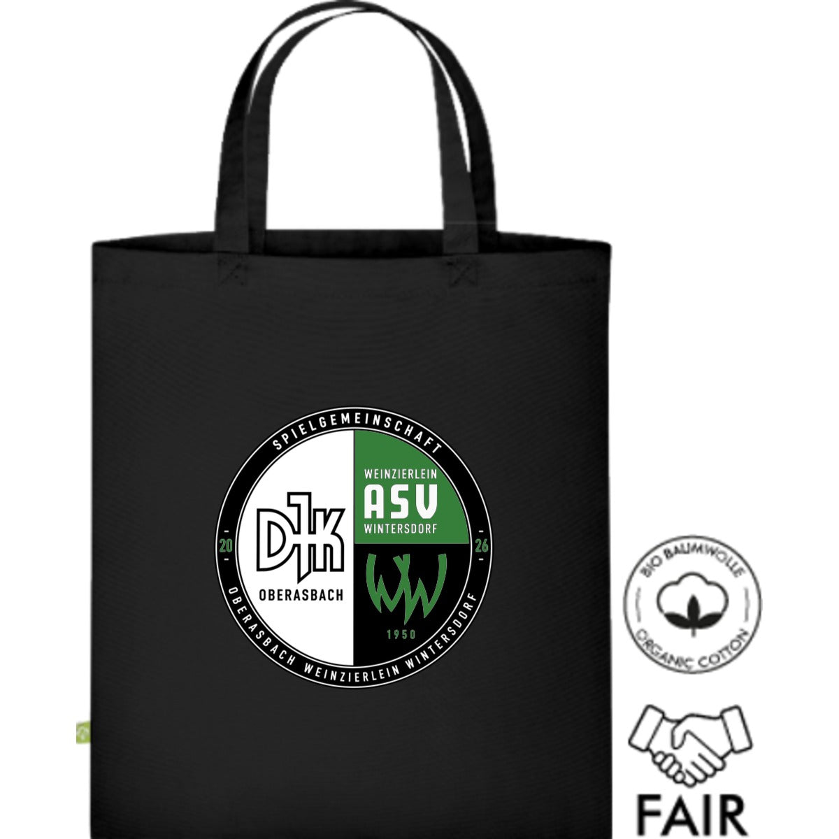 Fairtrade Henkeltasche aus Bio-Baumwolle XT500N – Vereinslogo mittig groß Black Vorderseite