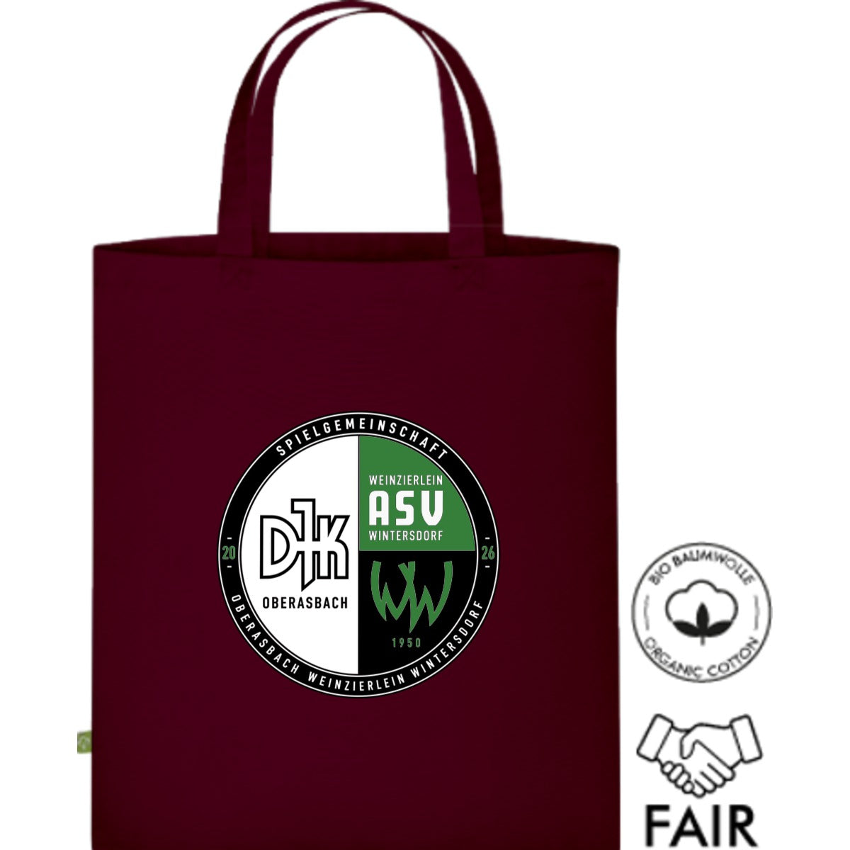 Fairtrade Henkeltasche aus Bio-Baumwolle XT500N – Vereinslogo mittig groß Burgundy Vorderseite