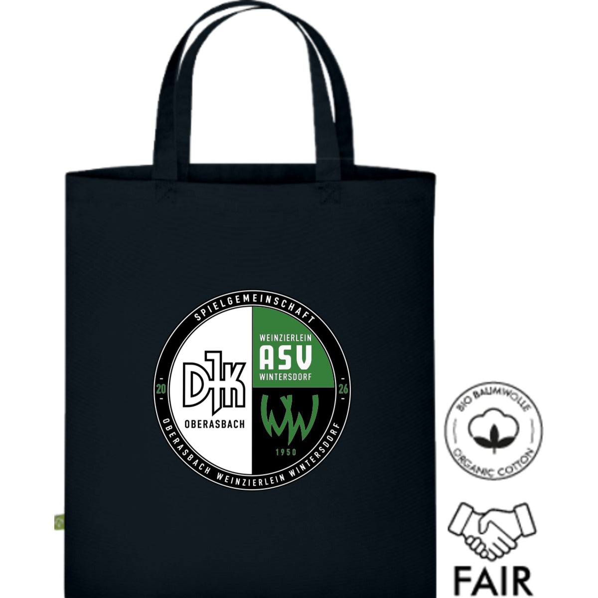 Fairtrade Henkeltasche aus Bio-Baumwolle XT500N – Vereinslogo mittig groß Graphite Grey Vorderseite