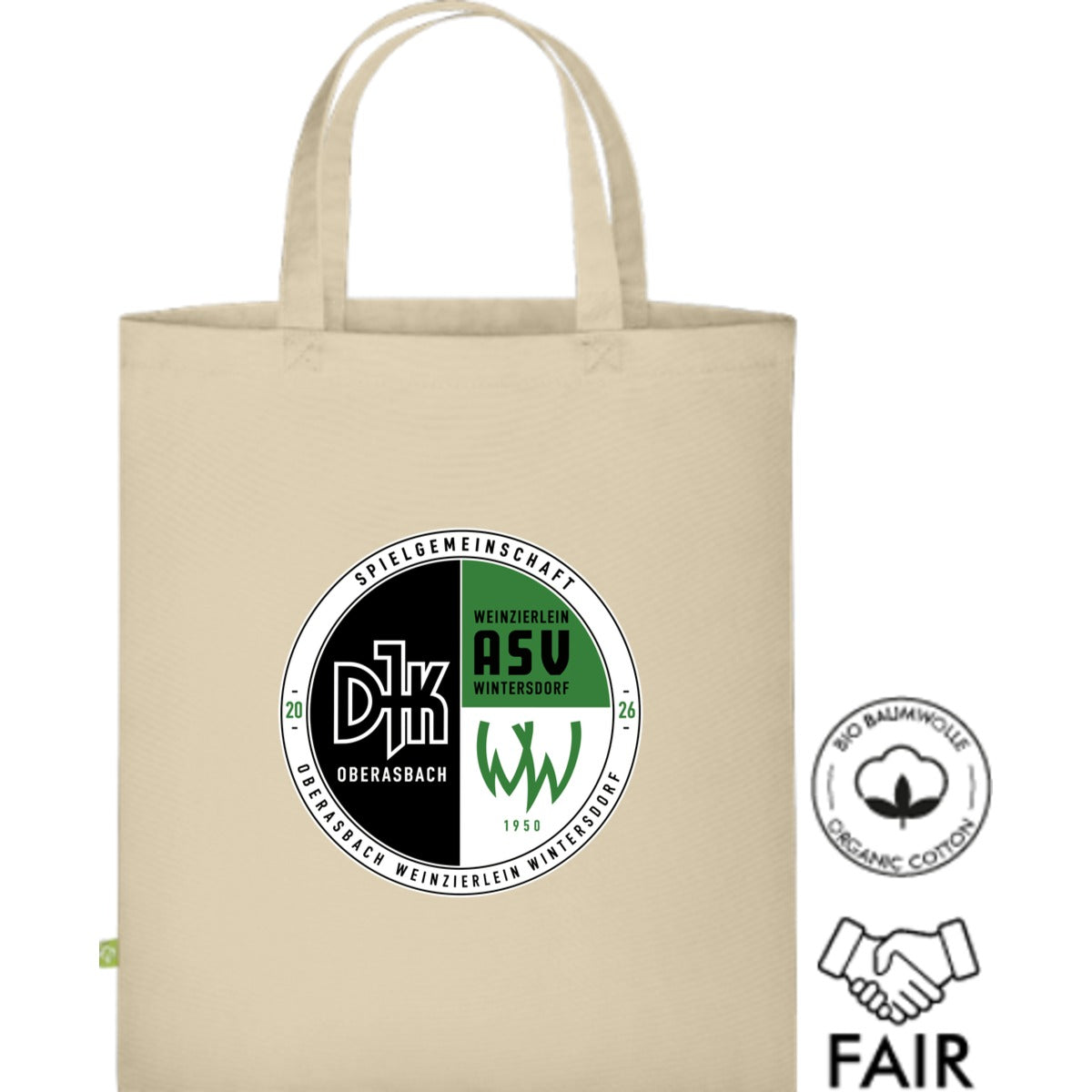 Fairtrade Henkeltasche aus Bio-Baumwolle XT500N – Vereinslogo mittig groß Natural Vorderseite