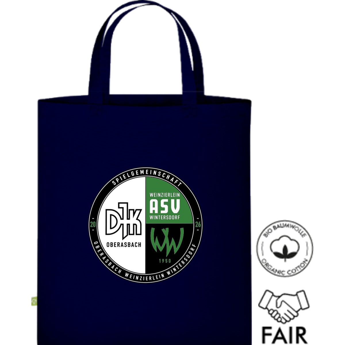 Fairtrade Henkeltasche aus Bio-Baumwolle XT500N – Vereinslogo mittig groß Navy Vorderseite