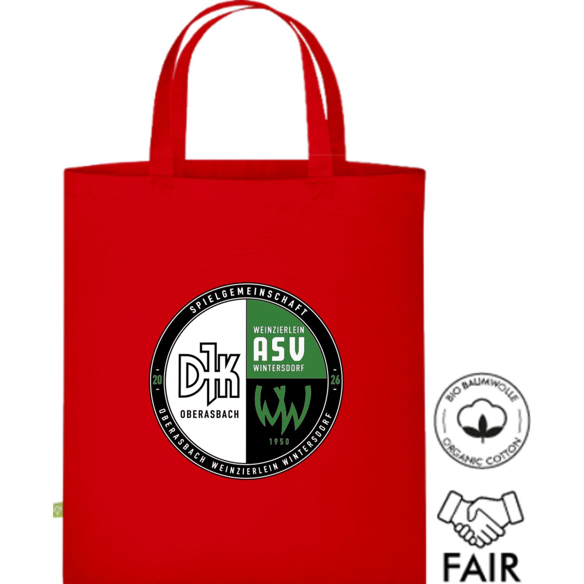 Fairtrade Henkeltasche aus Bio-Baumwolle XT500N – Vereinslogo mittig groß Red Vorderseite