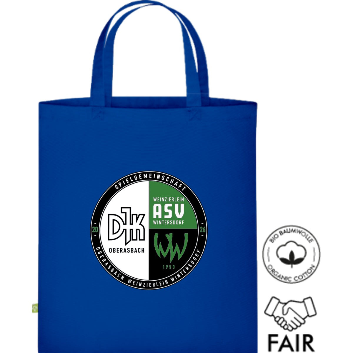 Fairtrade Henkeltasche aus Bio-Baumwolle XT500N – Vereinslogo mittig groß Royal Vorderseite