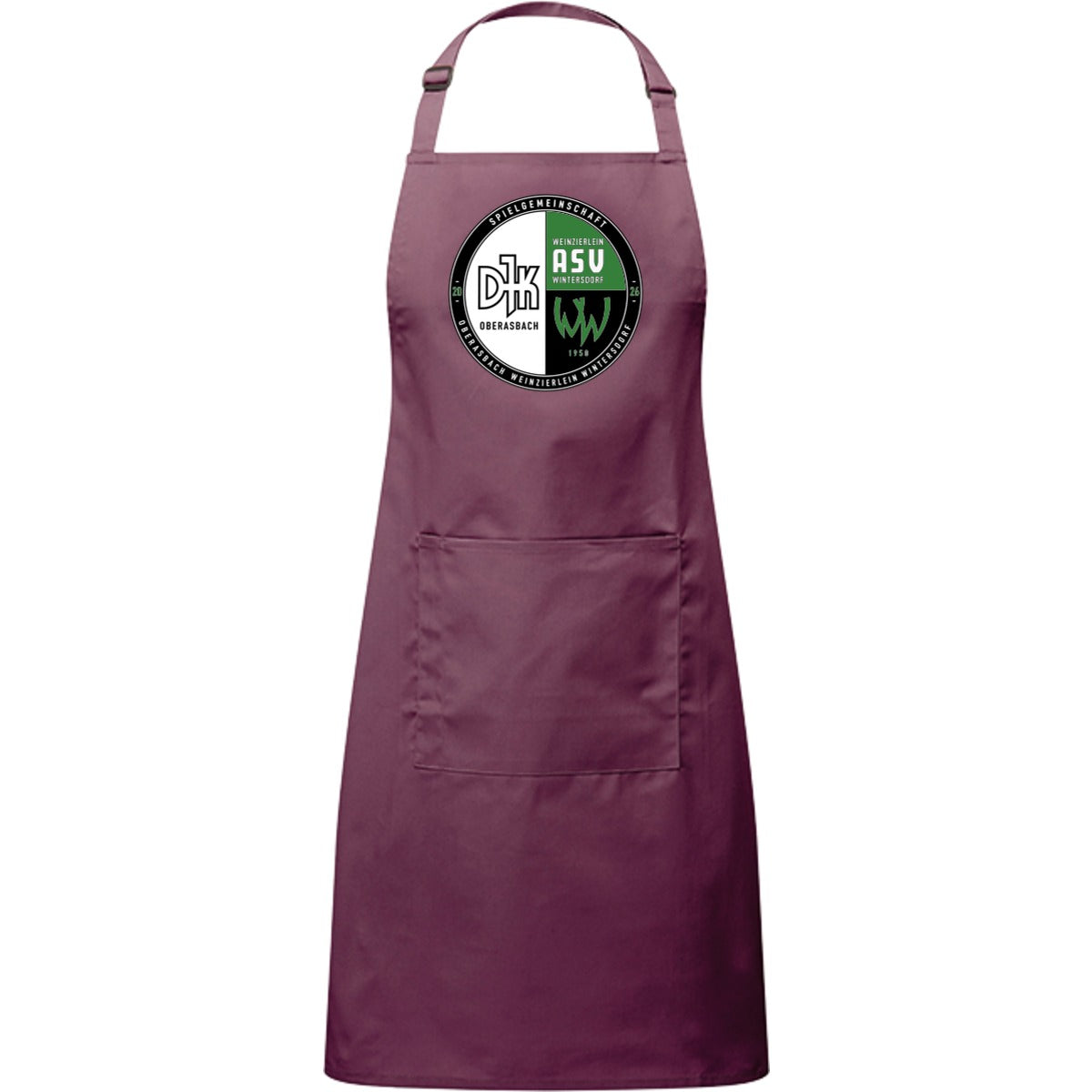 Kochschürze mit Tasche PR154 – Vereinslogo mittig groß Aubergine Vorderseite