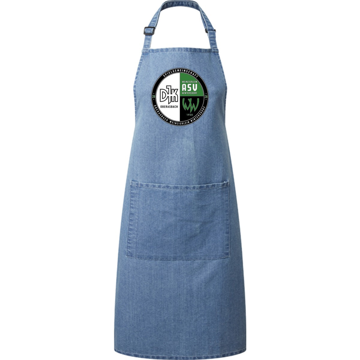 Kochschürze mit Tasche PR154 – Vereinslogo mittig groß Blue Denim Vorderseite