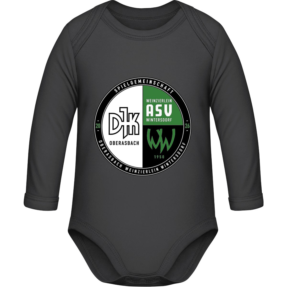 Bio Baby Strampler langarm BZ30 – Vereinslogo mittig groß Black Vorderseite
