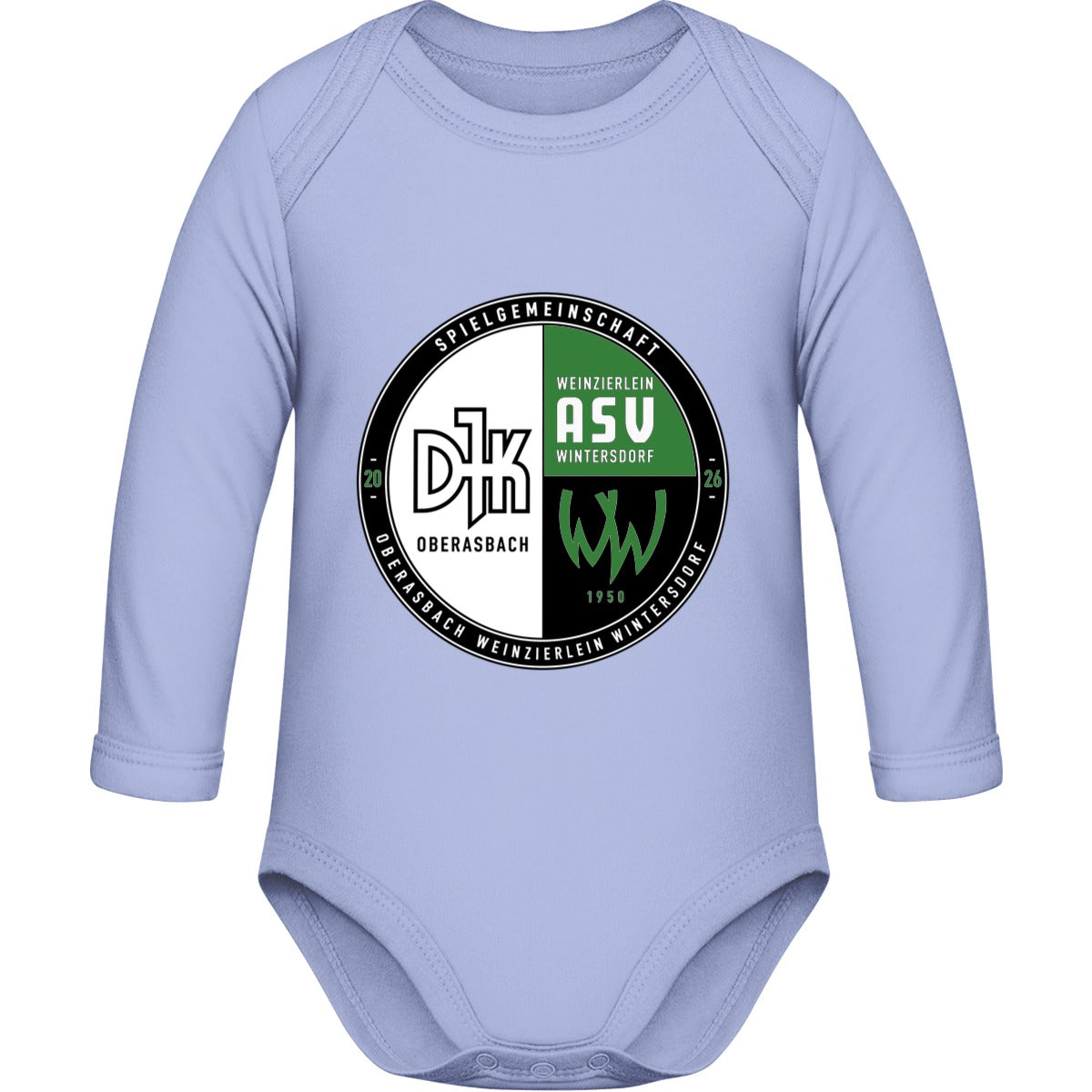 Bio Baby Strampler langarm BZ30 – Vereinslogo mittig groß Dusty Blue Vorderseite